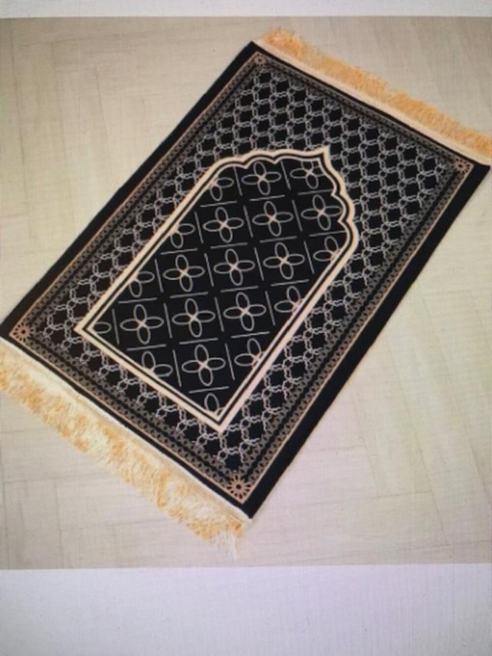 Black and Gold Muslim Prayer Mat with with Built in Padding & Tassels
